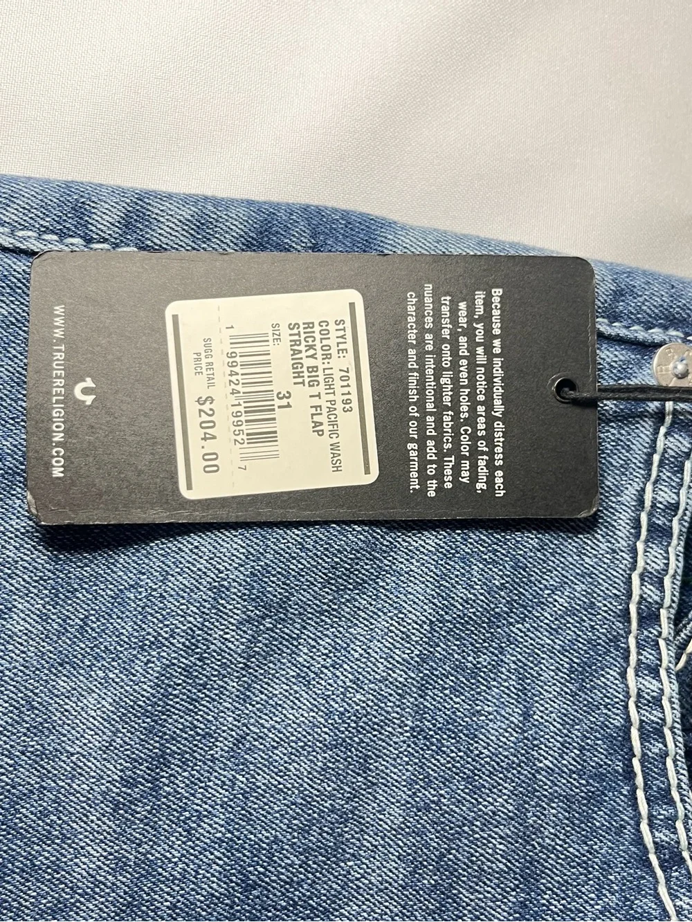 True Religion Ricky Big T Flap Straight Jeans Men’s 31x34 – NWT